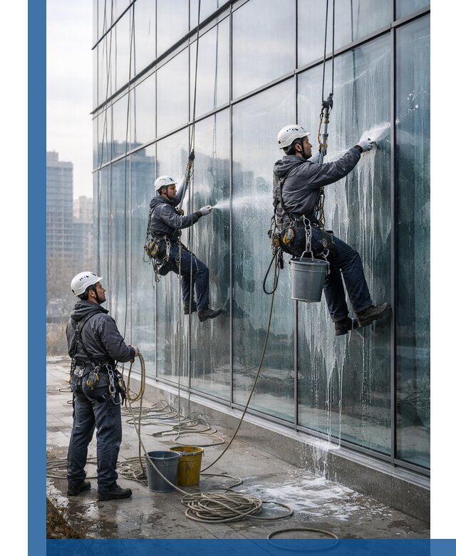 Промышленная мойка панорамных окон на высоте в Карталах