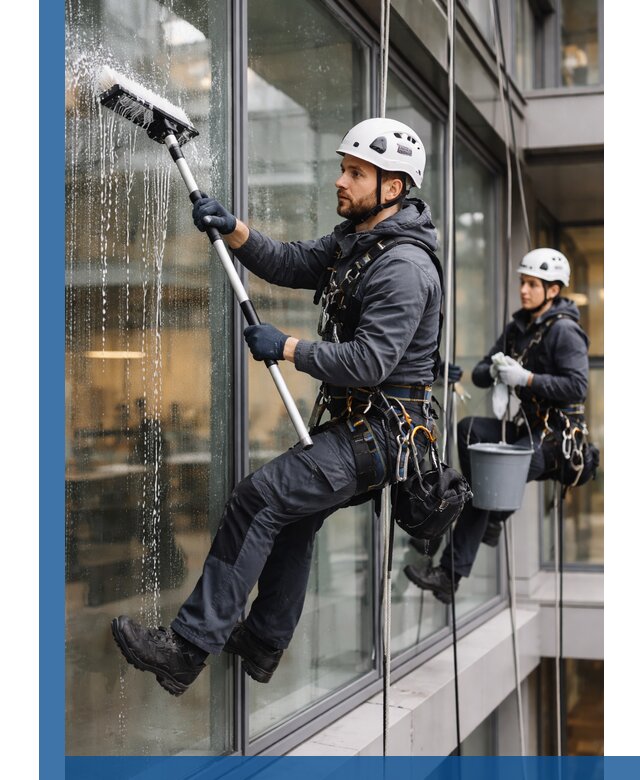 Профессиональная мойка витражей промышленными альпинистами в Карталах