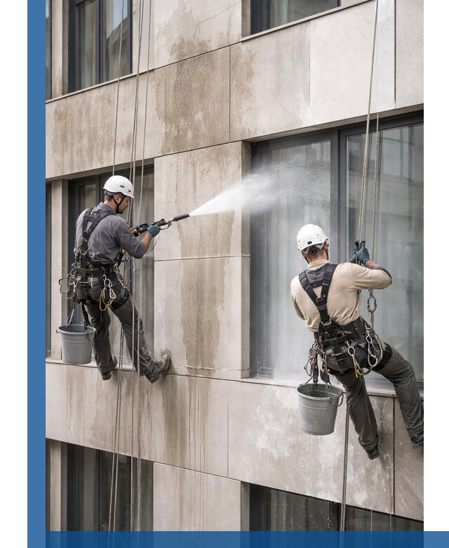 Послестроительная мойка фасада промышленным альпинизмом в Карталах