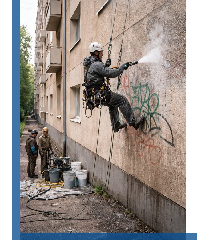 Удаление граффити с фасада в Карталах без следов и повреждений