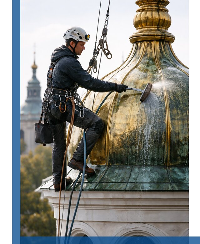 Профессиональная мойка куполов и шпилей высотными альпинистами в Карталах