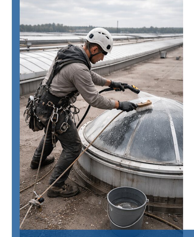 Мойка зенитных фонарей на кровле для промышленных объектов в Карталах