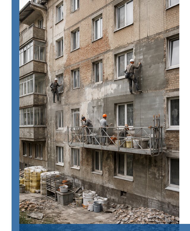 Капитальный ремонт фасада в Карталах с восстановлением и гидроизоляцией