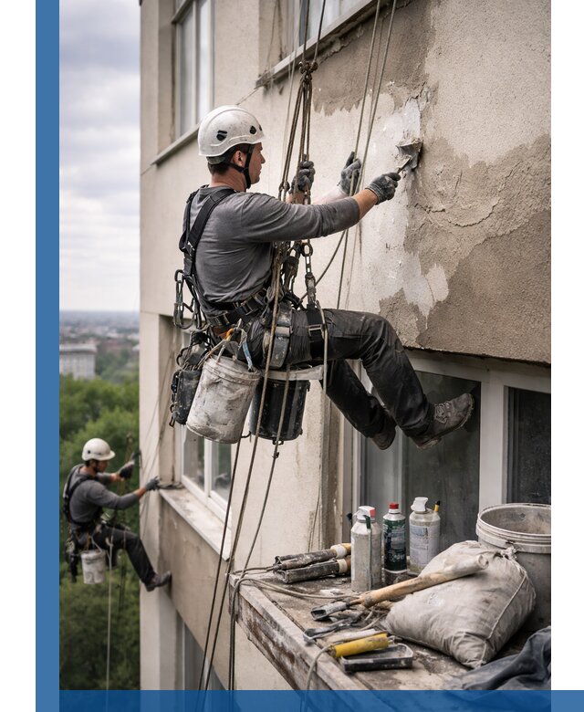 Косметический ремонт фасада зданий в Карталах промышленными альпинистами