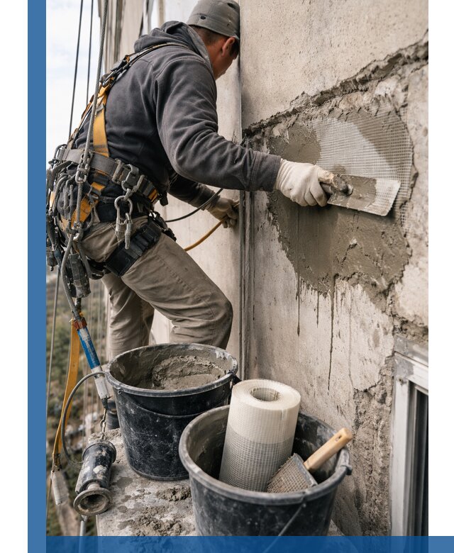 Ремонт бетонных элементов фасада промышленными альпинистами в Карталах