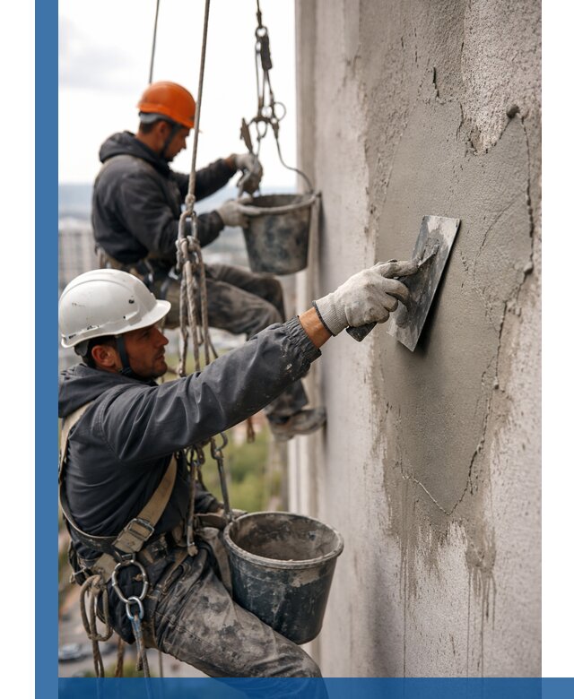 Штукатурка фасада на высоте в Карталах профессиональные работы