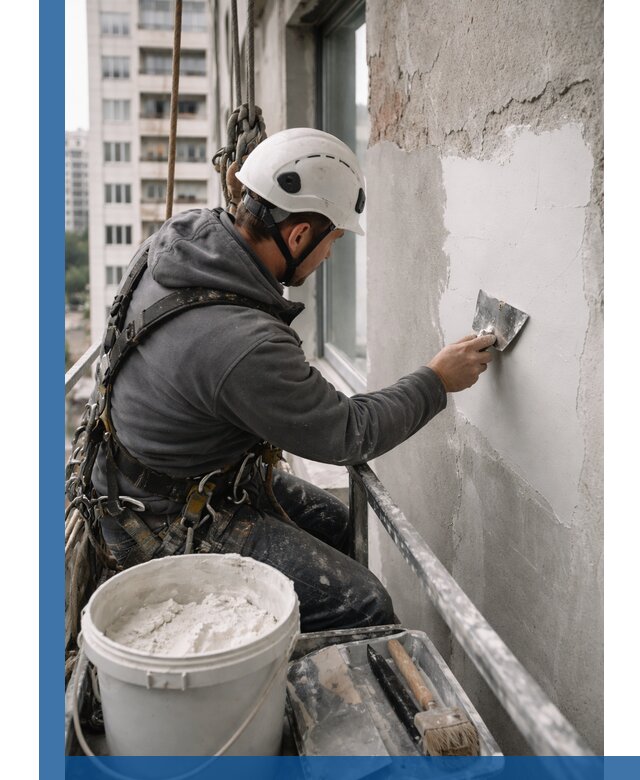 Шпаклевка фасадов на высоте с промальпинистами в Карталах