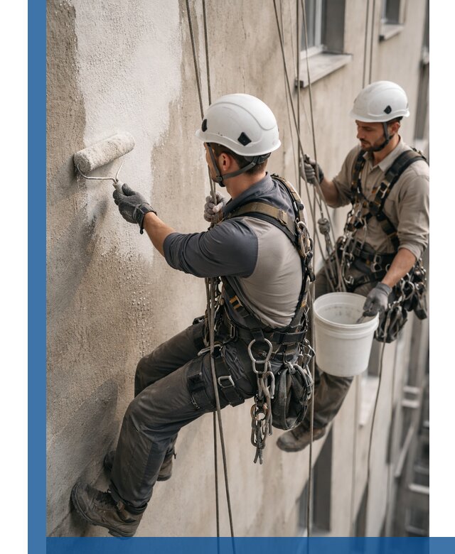 Грунтовка фасада на высоте в Карталах промышленными альпинистами