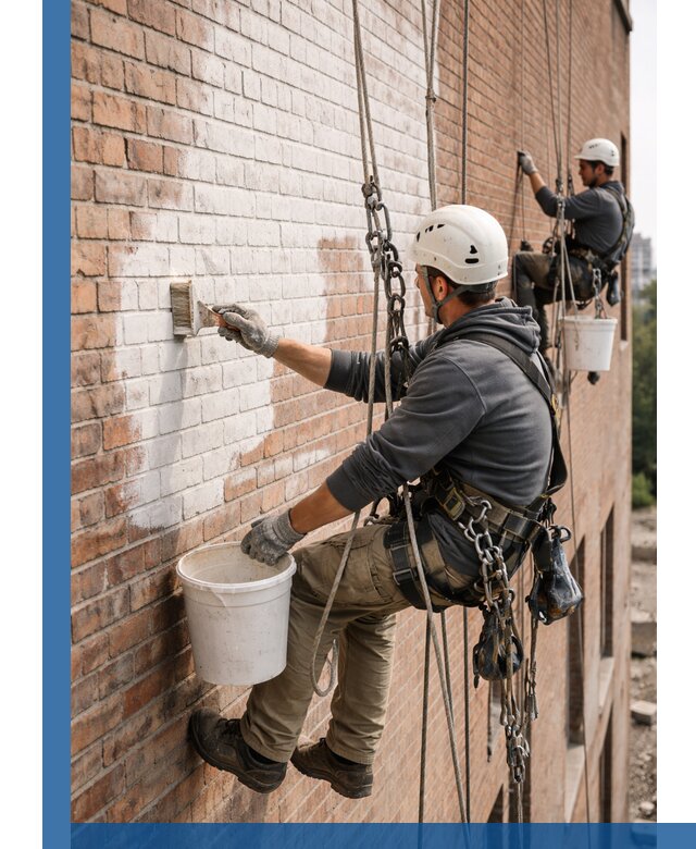 Покраска кирпичного фасада с доступным альпинистским сервисом в Карталах