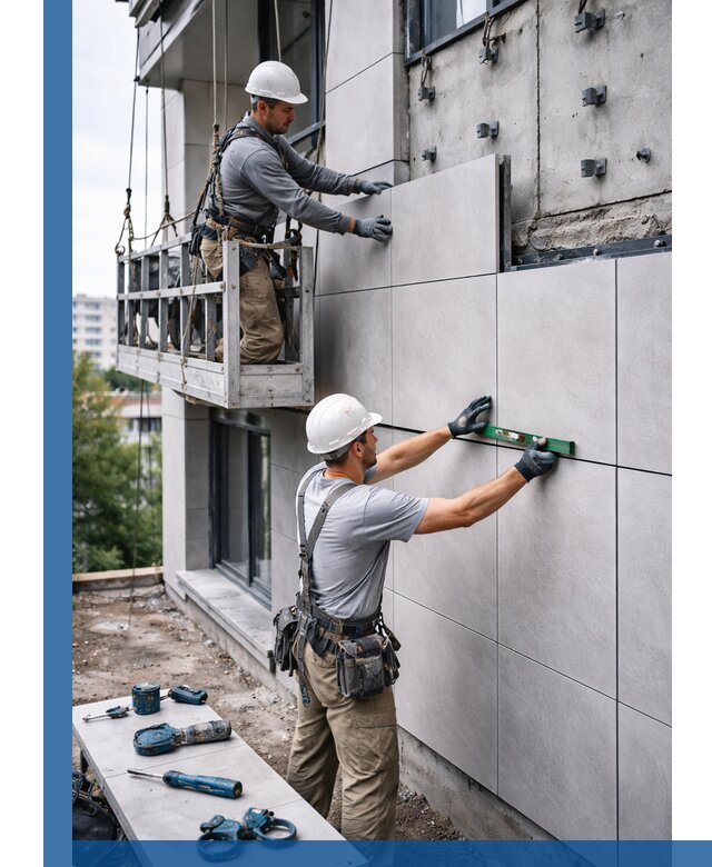 Монтаж керамогранита на фасад в Карталах под ключ с гарантией качества