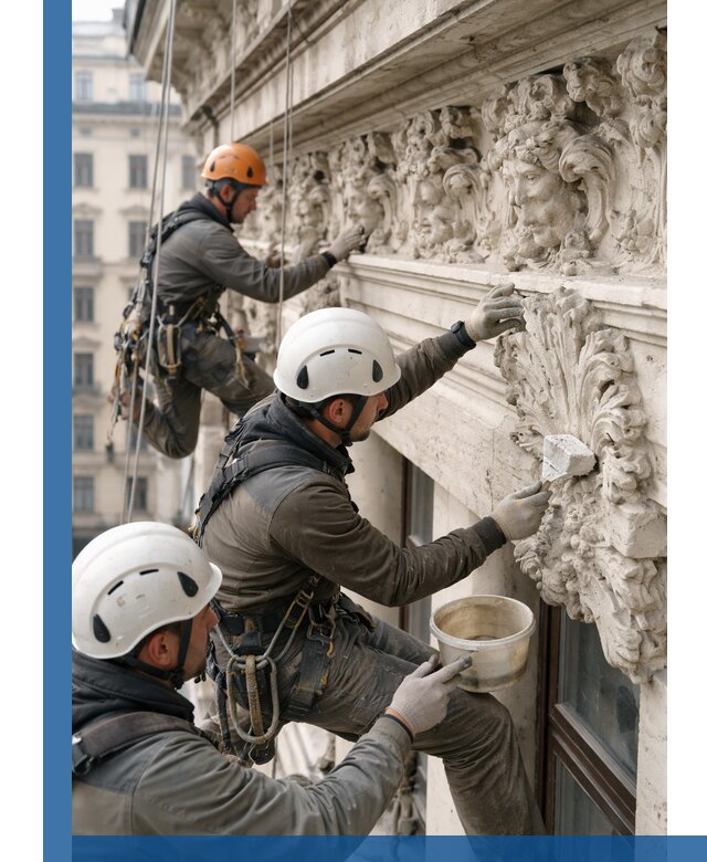 Реставрация фасадной лепнины с высотными работами в Карталах