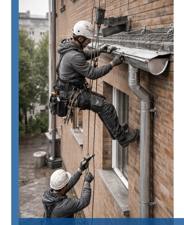 Монтаж водосточной системы на здании в Карталах под ключ