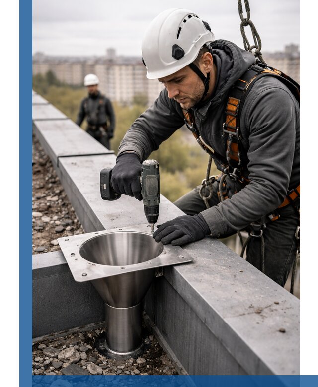 Монтаж водосточных воронок в Карталах для промышленных зданий