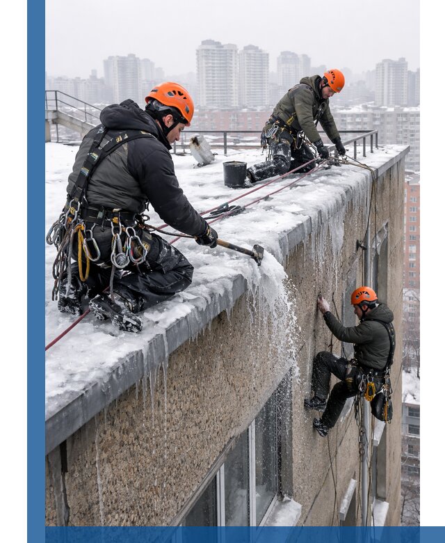 Удаление наледи с кровли в Карталах промышленными альпинистами