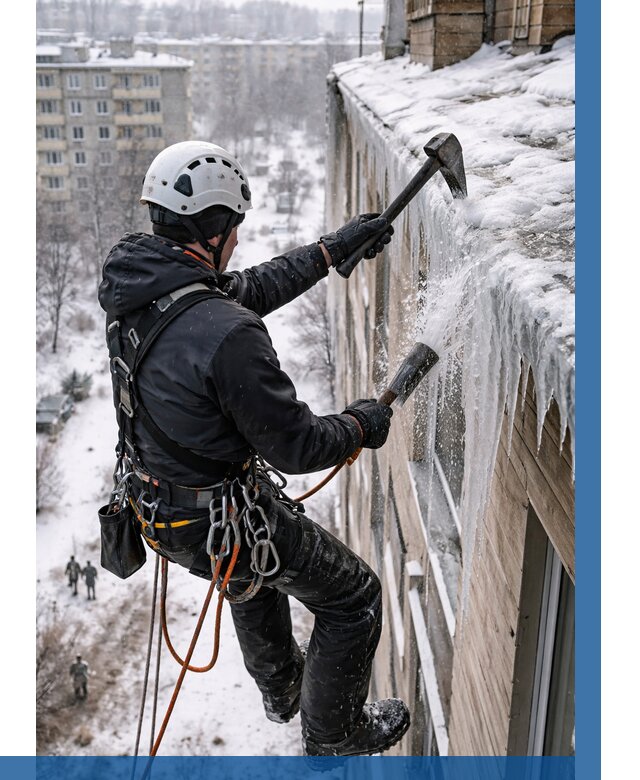 Сбивание сосулек с крыши в Карталах по цене от 4694 р. | ВЫСОТНИК-Крт