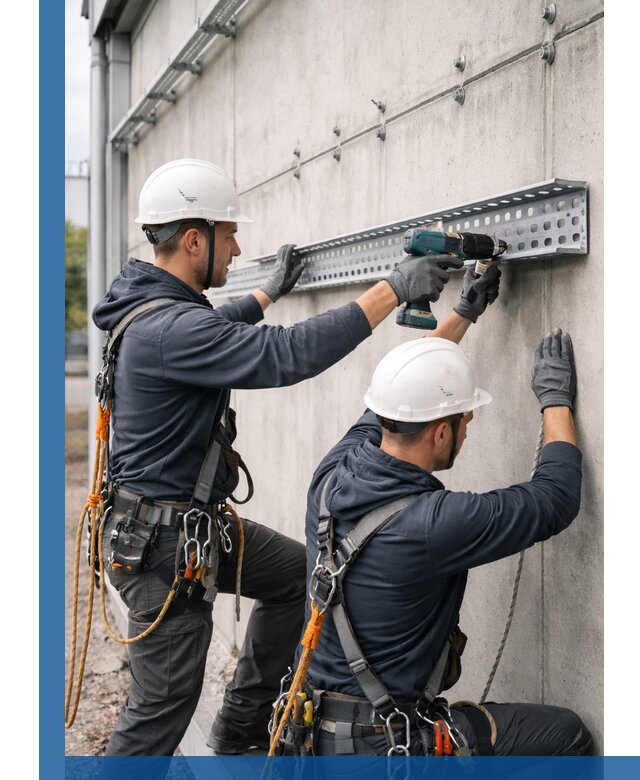 Монтаж кабельных лотков на фасаде зданий в Карталах с гарантией