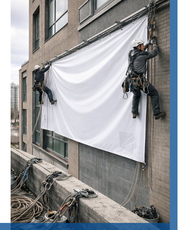 Монтаж баннеров на фасаде в Карталах от 678 р. заказать ВЫСОТНИК-Крт