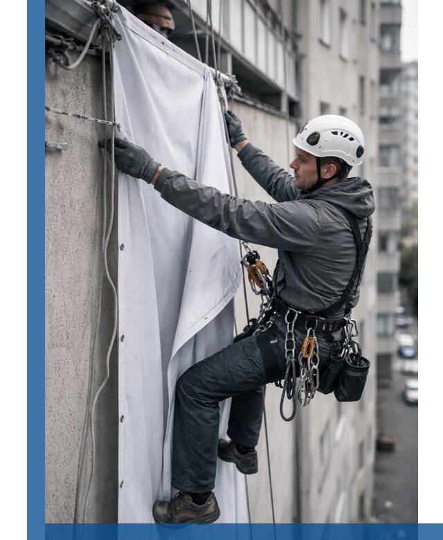 Замена баннерного полотна промышленными альпинистами в Карталах