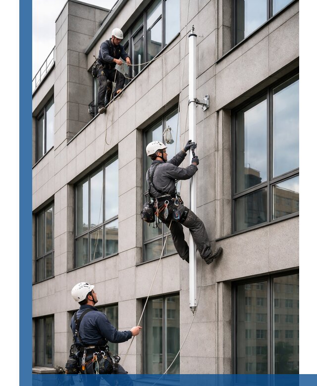 Монтаж флагштока на фасаде здания с креплением и герметикой в Карталах