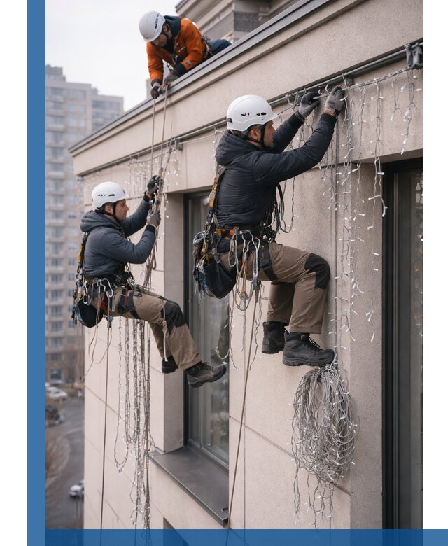 Монтаж праздничных гирлянд на фасаде в Карталах для зданий