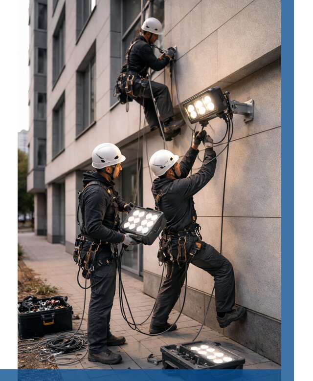 Монтаж прожекторов на фасаде в Карталах от 7823 р. | ВЫСОТНИК-Крт