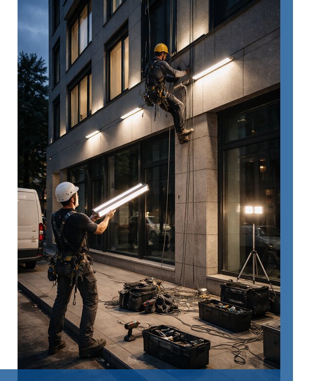 Монтаж архитектурной подсветки здания в Карталах от 2608 р.|ВЫСОТНИК-Крт