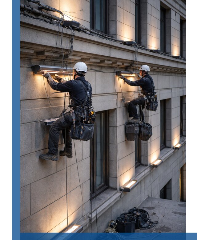 Монтаж архитектурной подсветки фасадов зданий в Карталах