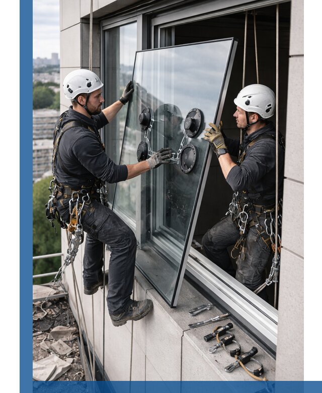 Замена стеклопакетов на высоте с промышленными альпинистами в Карталах