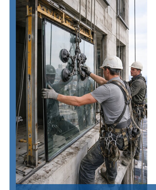 Монтаж стеклопакетов на высоте в Карталах с промышленным альпинизмом