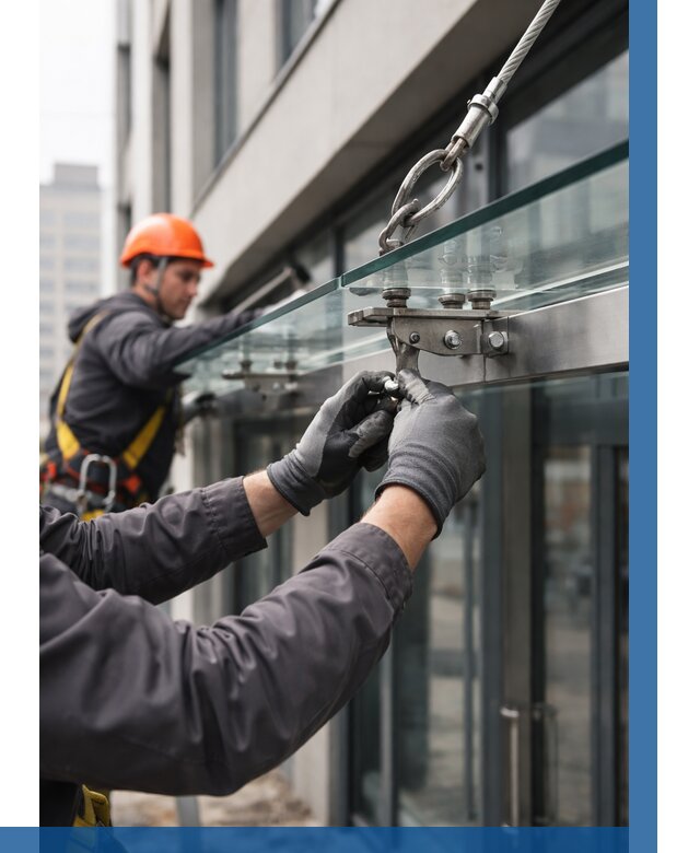 Монтаж стеклянных козырьков в Карталах от 8866 р. | ВЫСОТНИК-Крт