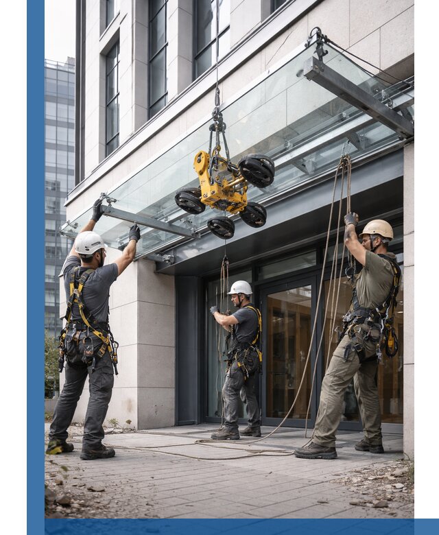 Монтаж стеклянных козырьков под ключ в Карталах для зданий