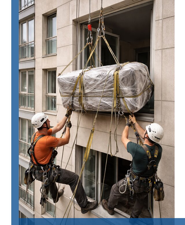 Подъем грузов через окно в Карталах промышленными альпинистами