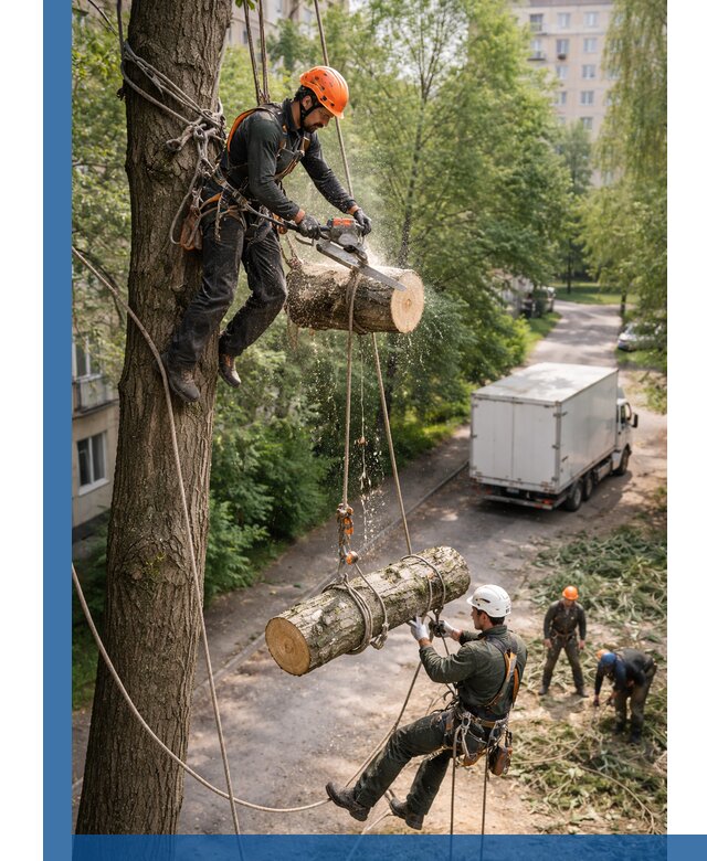 Спил деревьев альпинистами в Карталах, безопасно и без повреждений