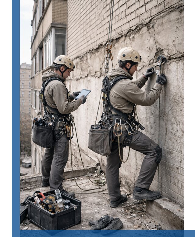 Обследование фасада промышленными альпинистами в Карталах