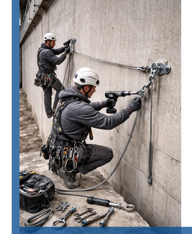 Монтаж анкерных линий высотной безопасности в Карталах